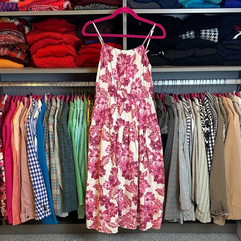 Old Navy pink/white linen blend adjustable strap 2 pocket midi dress size S